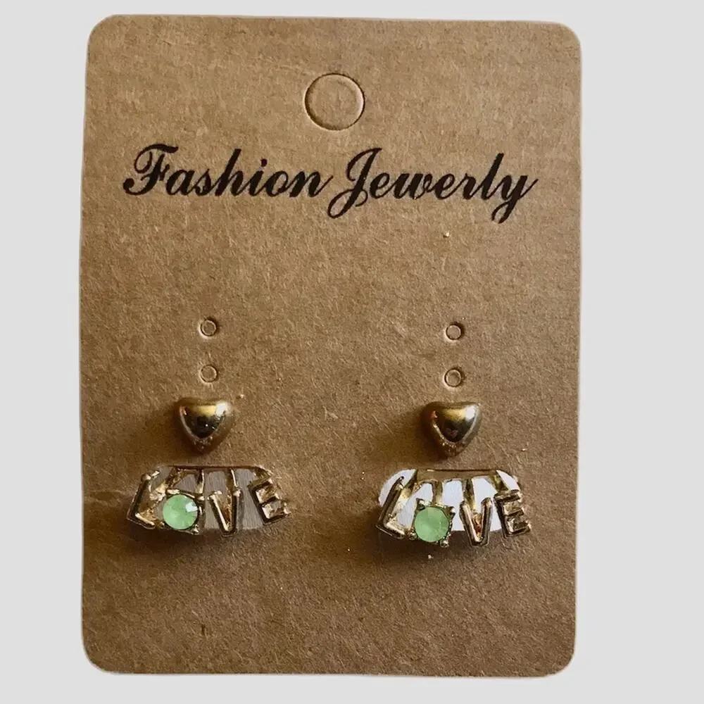 2- in-1 Heart Love Earrings Gold Green Lobe Cuff